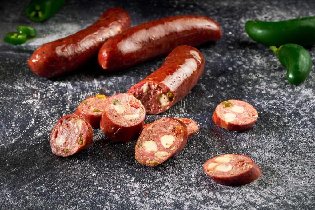 Texas Wagyu sausage with jalape&ntilde;os, sliced pieces showcasing creamy texture, and fresh jalape&ntilde;o peppers in the background.