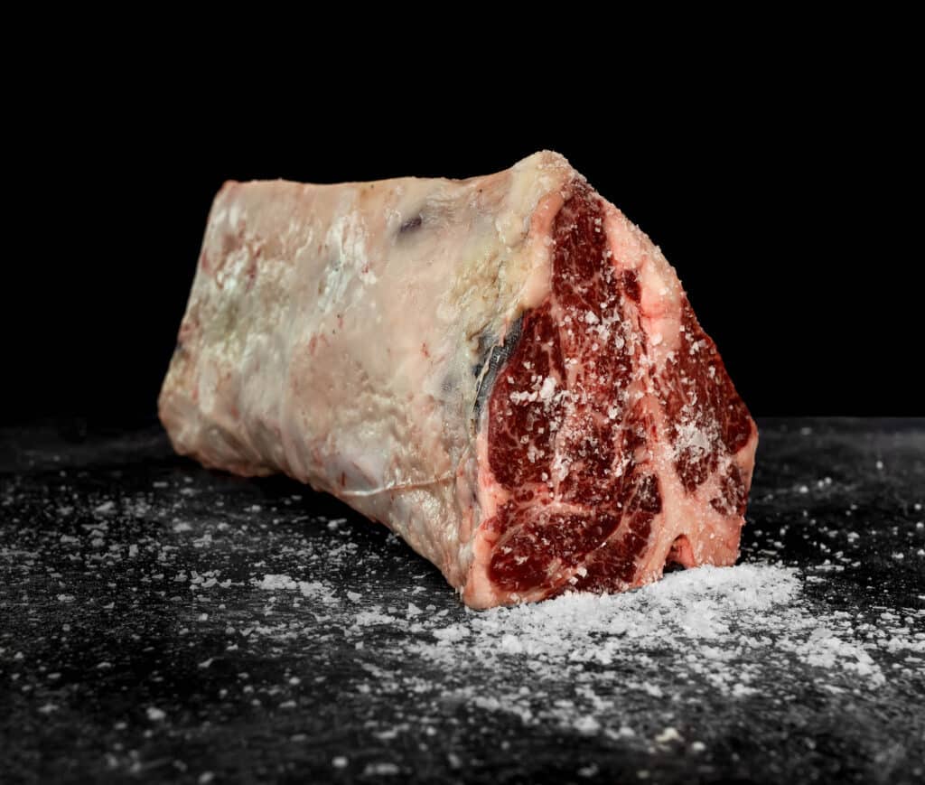 Wagyu Short Loin cut showcasing rich marbling and textured surface, surrounded by coarse salt on a dark background, emphasizing premium quality for culinary applications.