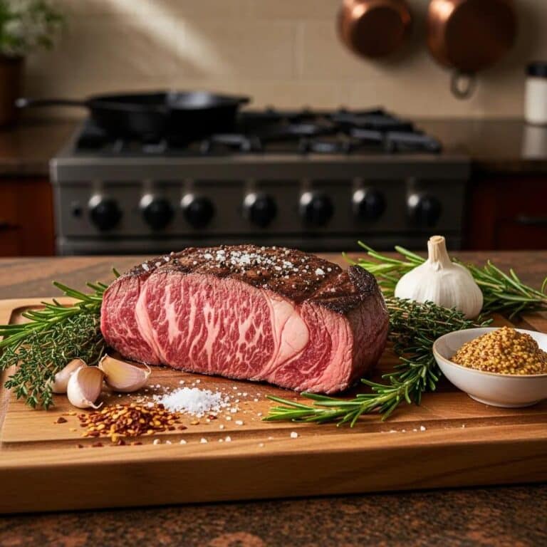 Marbled American Wagyu steak on a cutting board with herbs and spices