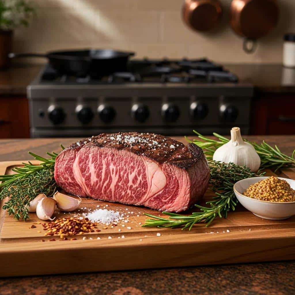 Marbled American Wagyu steak on a cutting board with herbs and spices
