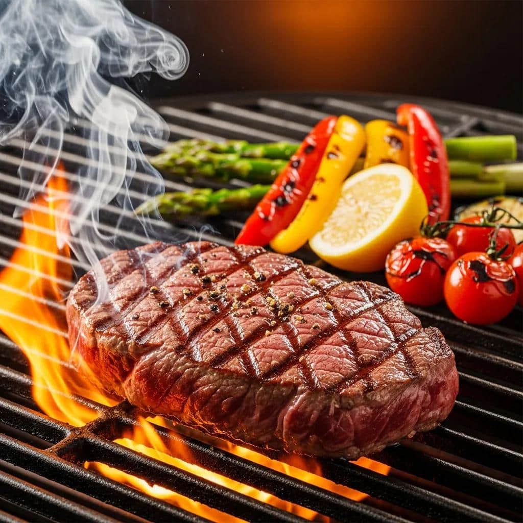 Seared Wagyu steak on a grill with fresh vegetables