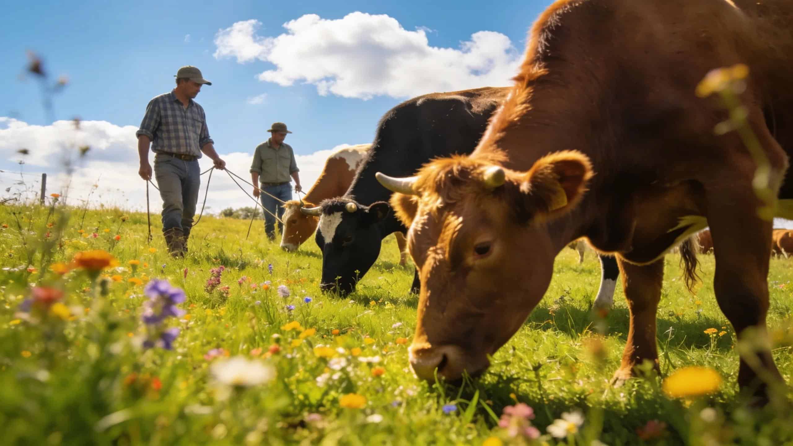 Farmers practicing sustainable methods with cattle in a green pasture environment