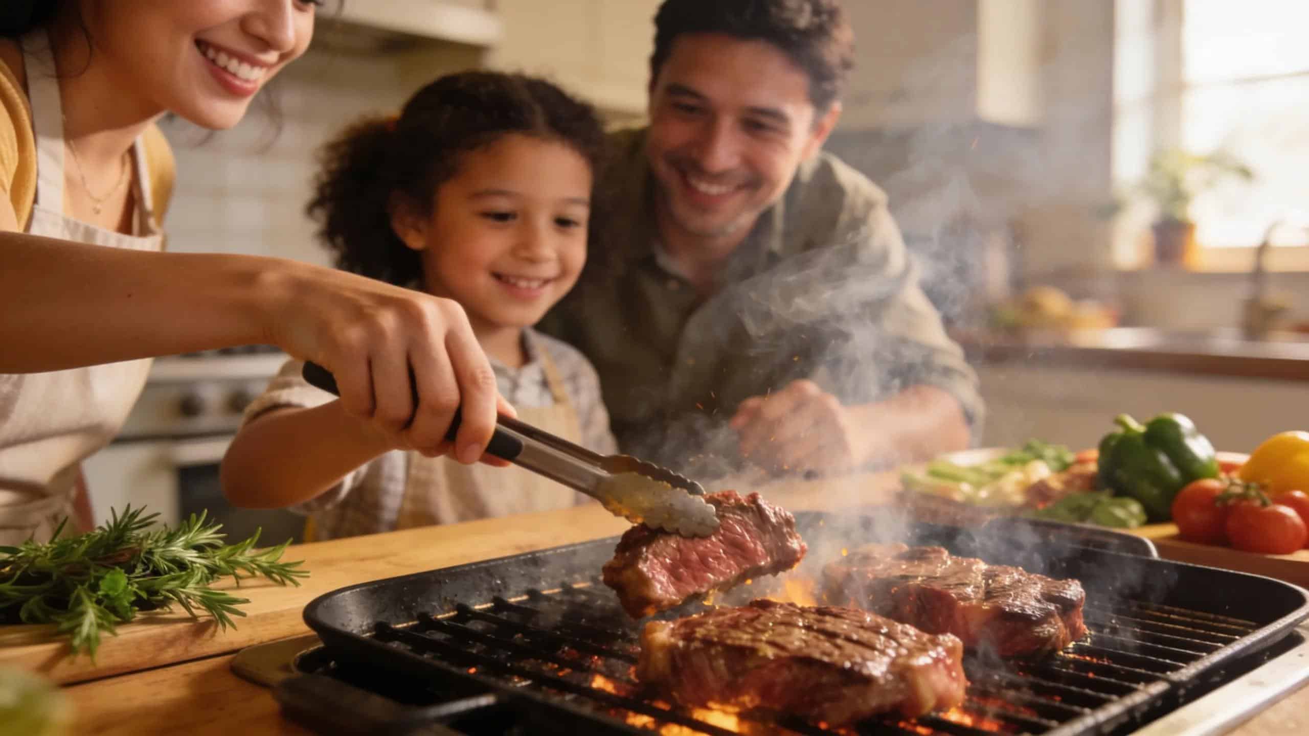 Family grilling organic grass-fed beef in a lively kitchen, emphasizing healthy cooking methods