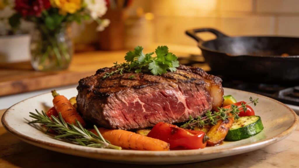 Delicious grass-fed beef steak on a plate with fresh herbs and colorful vegetables