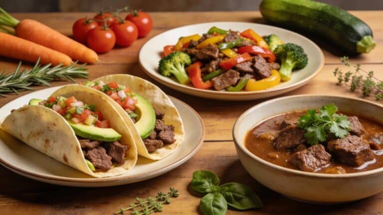 Colorful table setting showcasing delicious organic beef dishes for healthy family meals