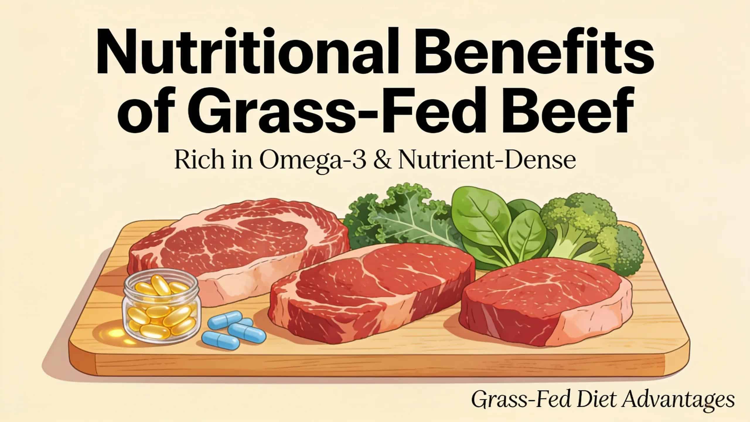 Grass-fed beef cuts with omega-3 capsules and fresh greens illustrating nutritional benefits