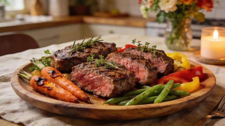 Organic grass-fed beef steaks with herbs and vegetables for healthy family meals