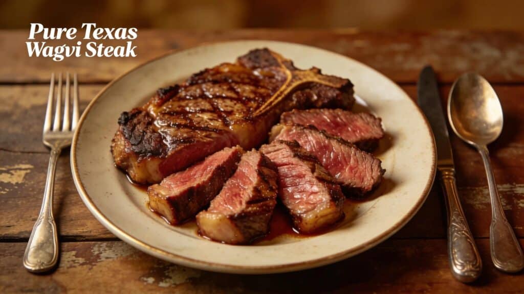 Plate of Pure Texas Wagyu steak highlighting marbling in an elegant dining setting