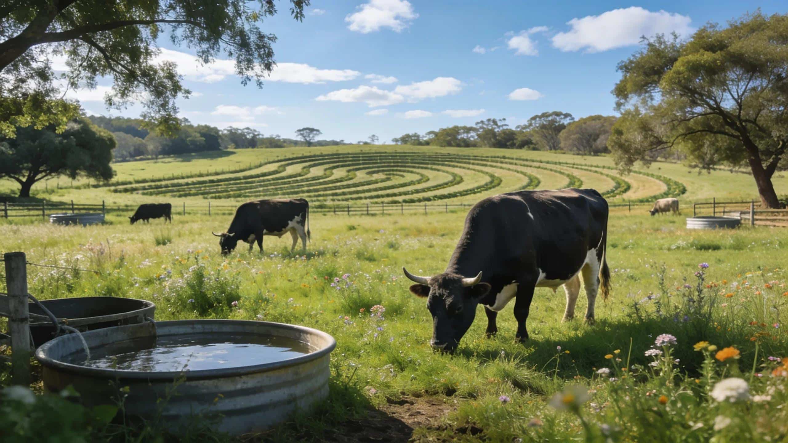 Wagyu cattle grazing sustainably in green pastures emphasizing ethical farming practices