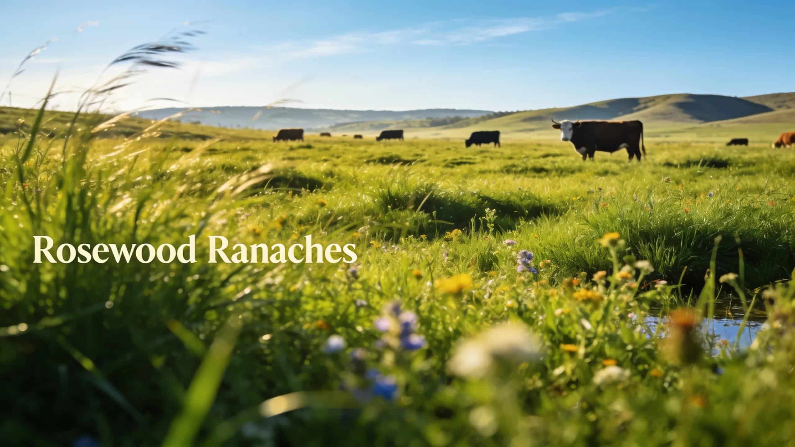 Pastoral scene at Rosewood Ranches, featuring cattle grazing sustainably in a healthy environment