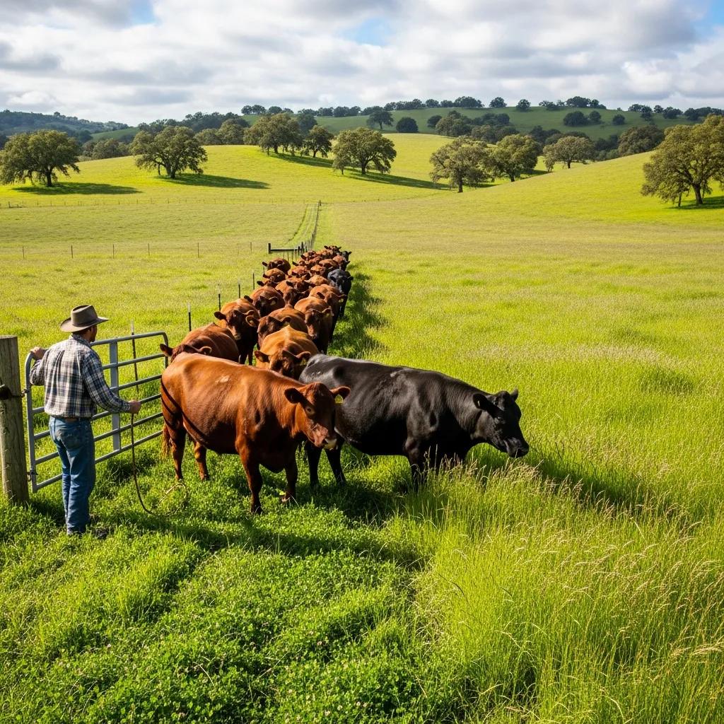 Rancher implementing rotational grazing with Wagyu cattle in a lush pasture