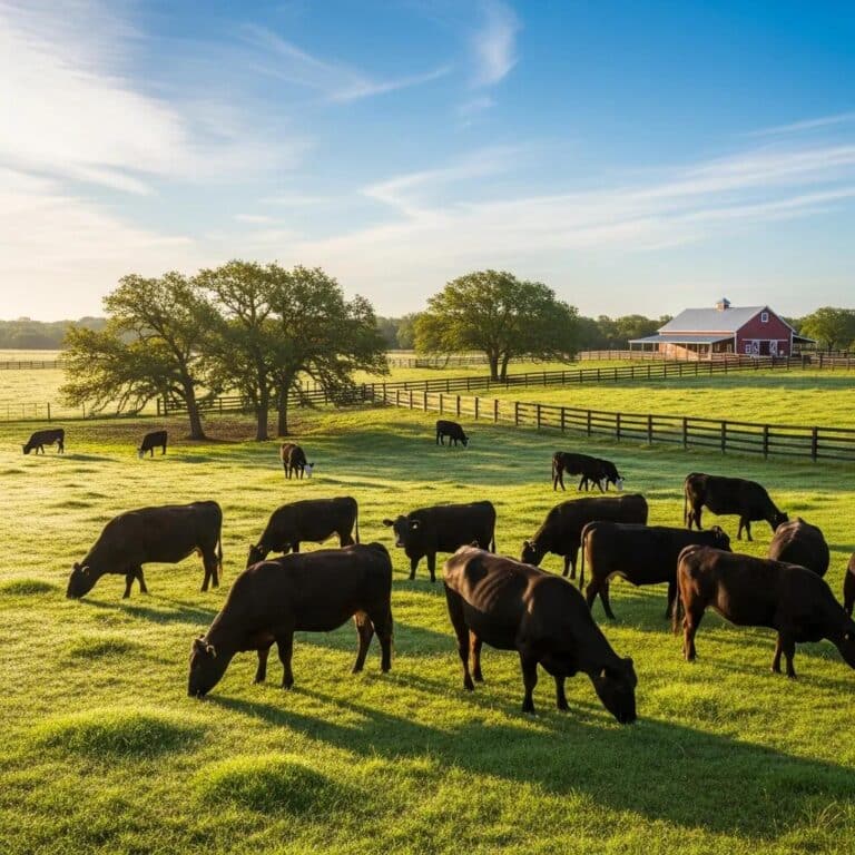 Texas ranch with Wagyu cattle grazing sustainably in green pastures